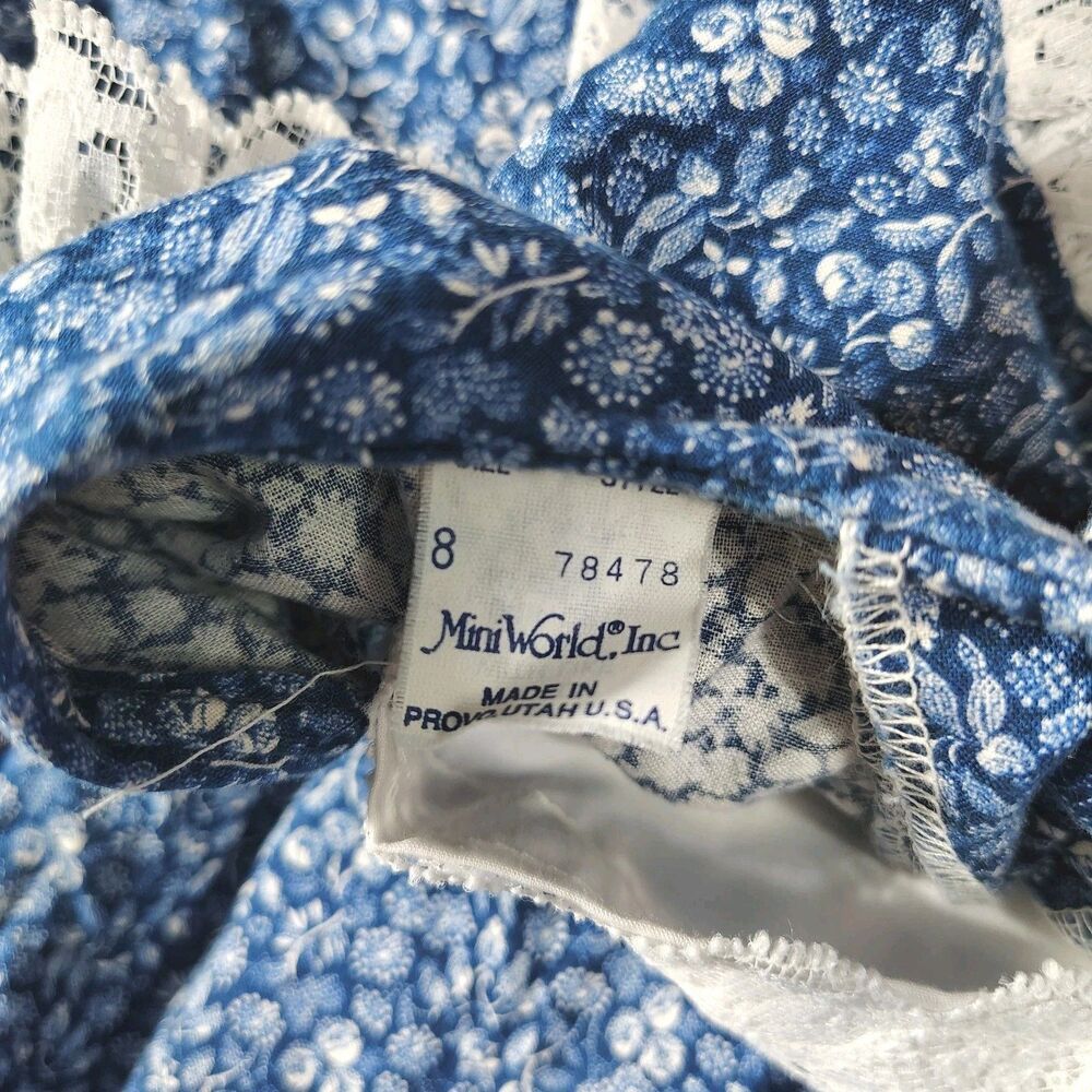 Vtg Mini World Prairie Dress Size 8 Blue Ditsy Floral Ruffle Lace Cottage Utah - Picture 7 of 11